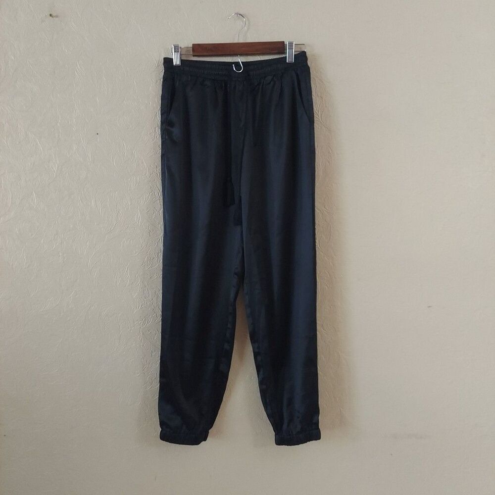 Allegra K Black Satin Drawstring Joggers Pants NEW Sz Medium
